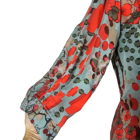 Johnny Was Floral Silk Blouse S Red Multi 3/4 Sleeves Pleated Peplum Flowy Boho - Picture 9 of 10